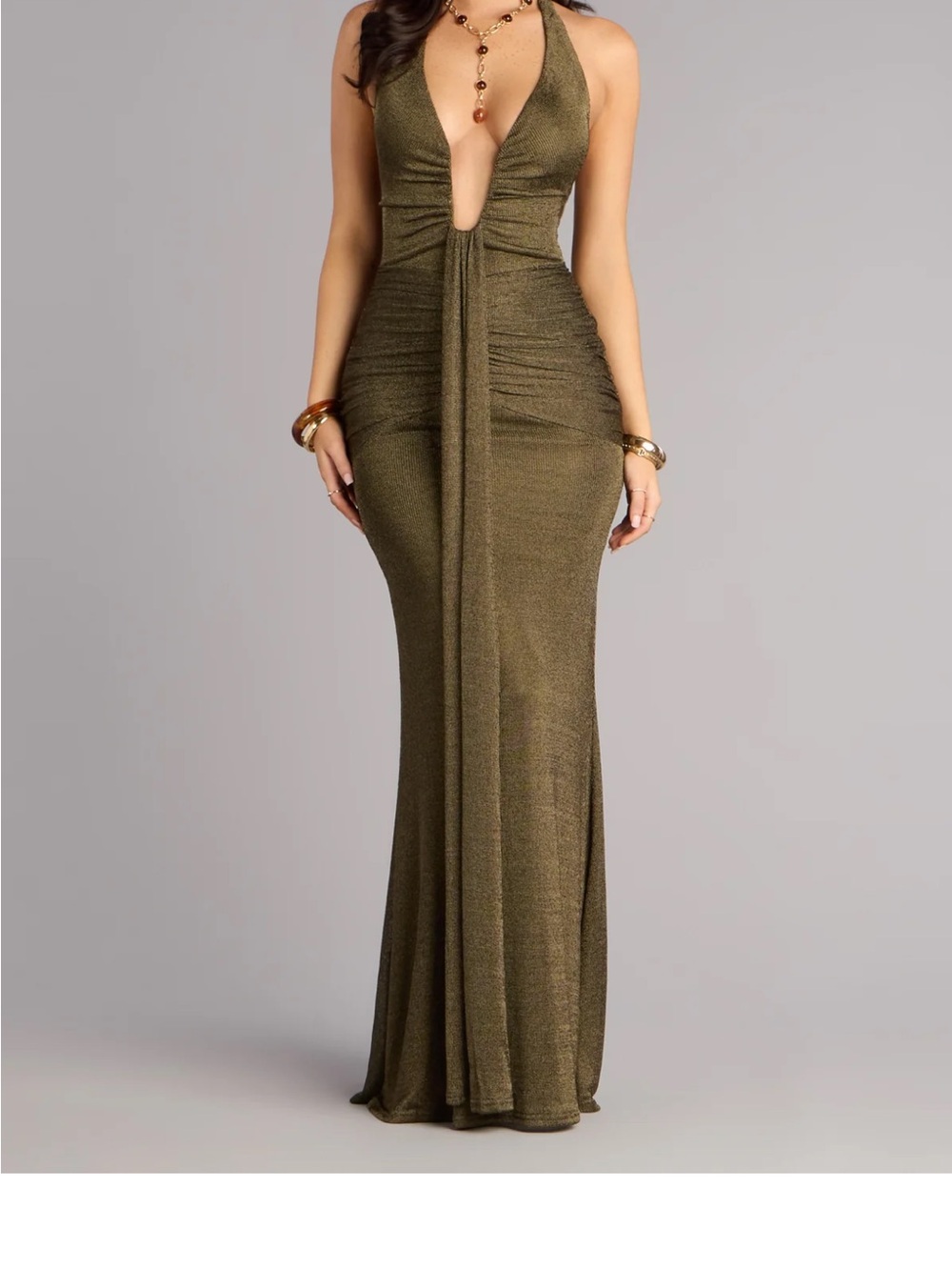 Windsor Olive Green Ruched-Back Maxi Skirt
